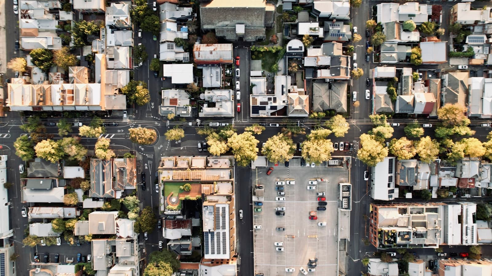 An aerial view of an inner-suburban street grid