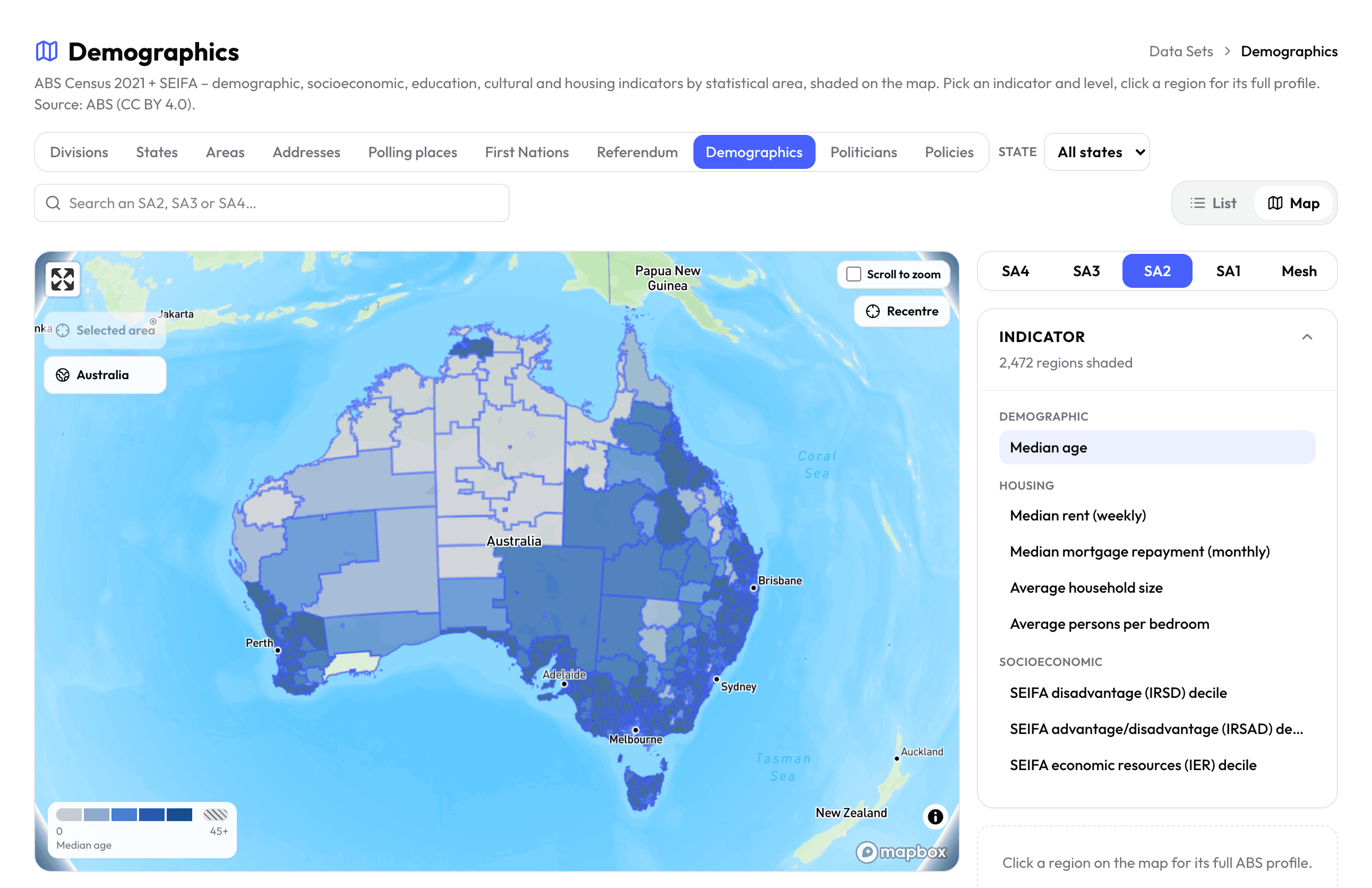 ABS census demographics mapped across Australia in Uprise, shaded by median age