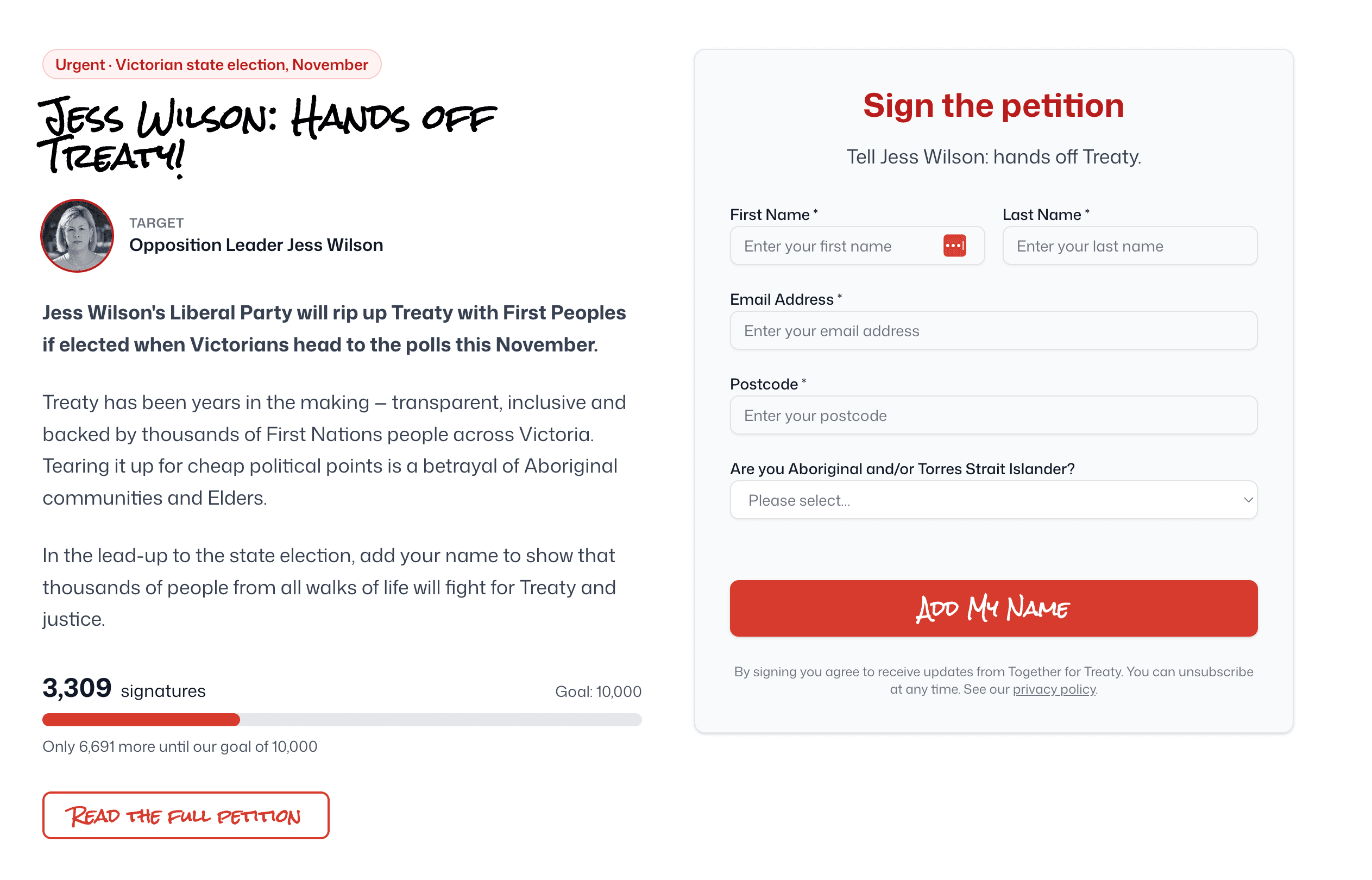 A public petition page on a campaign's own domain – “Jess Wilson: hands off Treaty”, with a sign-the-petition form beside it and 3,309 of a 10,000 signature goal